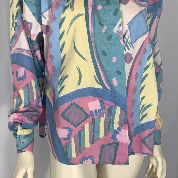 Vintage 80’s Unique Pastel Funky Print Bold Shoulder Button Down Long Sleeve Shi - Picture 3 of 16